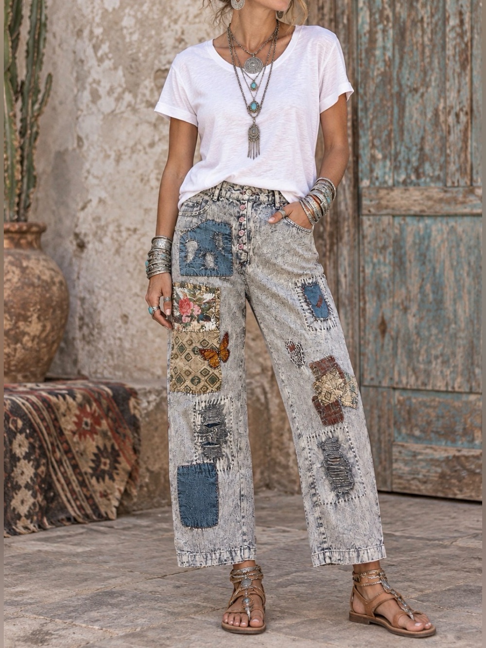 Boho Patchwork Women’s Jeans - Light Gray Distressed